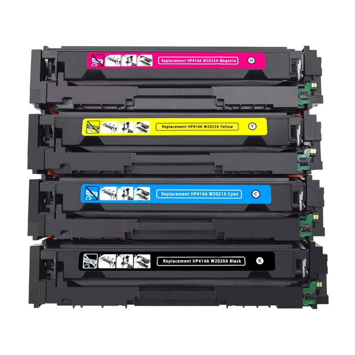 Picture of Value Bundle W2020A, W2021A, W2022A, W2023A (HP 414A) Black, Cyan, Magenta, Yellow Toner Cartridges (4 pack) (Black: 2400, CMY: 2100) with new chip