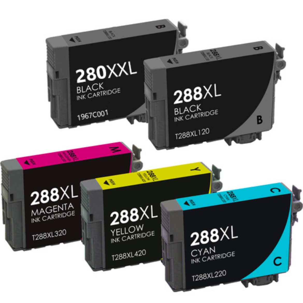 Picture of Value Bundle 1967C001, T288XL120, T288XL220, T288XL320, T288XL420 (PGI-280XXLBK, CLI-288XXLC, CLI-288XXLM, CLI-288XXLY, CLI-288XXLBK ) Super High Yield Black, Cyan, Magenta, Yellow Ink Tanks (4 pack)